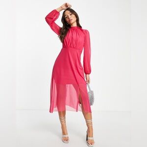River Island Split Front Midi Dress in Bright Pink